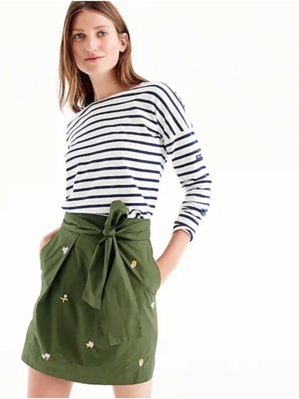 J.Crew Olive Floral Embroidered Tie Waist Mini Skirt Green Size 4